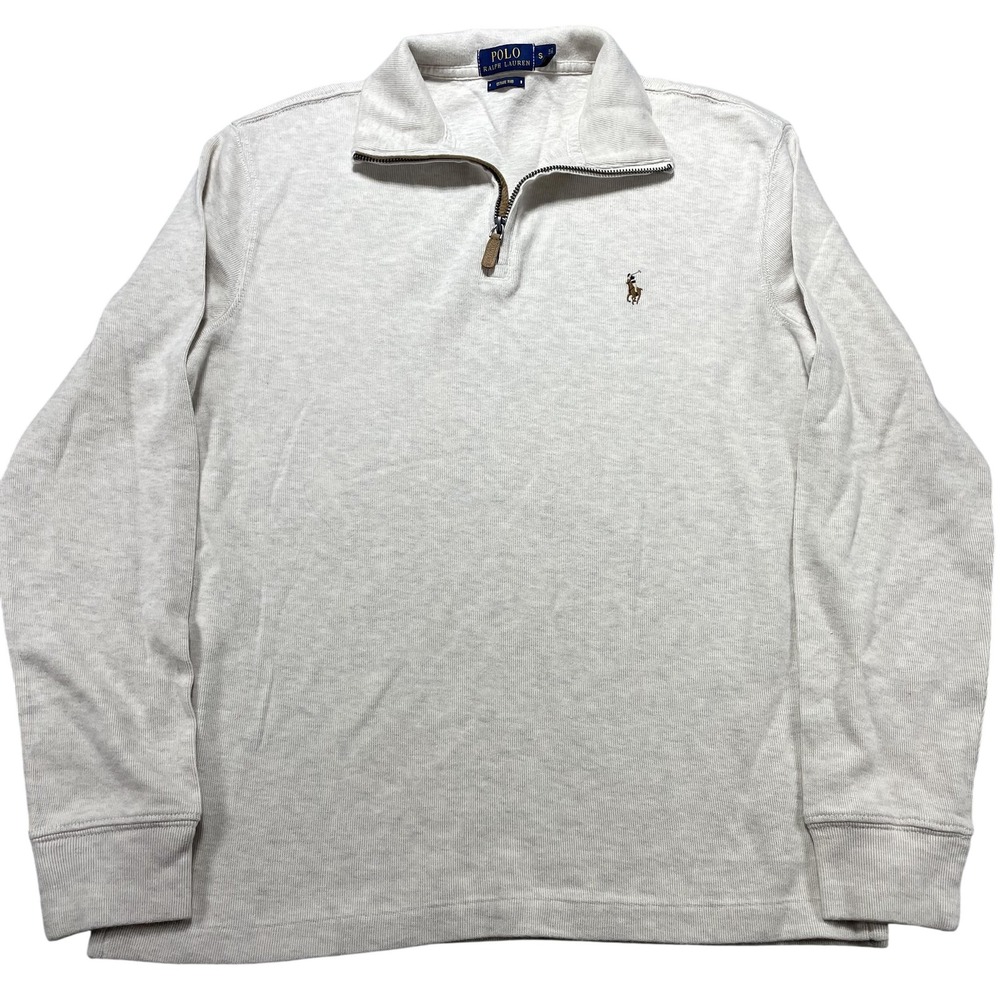 Polo Ralph Lauren Sweater Mens Small Beige 1/4 Zip Mock Neck Pullover Logo